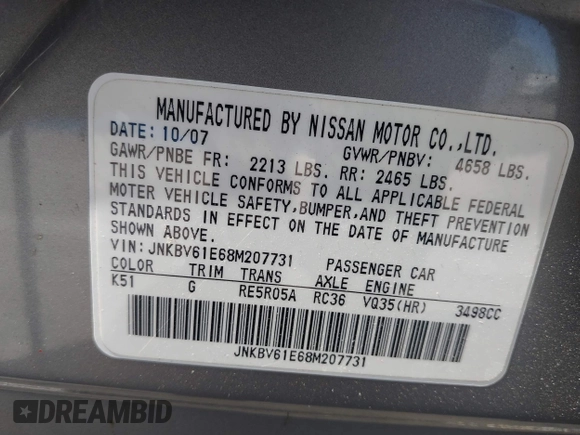 2008 Infiniti G35 Journey z VIN JNKBV61E68M207731, wystawiony jako IAAI lot #42381820 z przebiegiem 142 344 mil mil oraz . Historia ofert i sprzedaży dostępna na DreamBid. Obrazek 9.