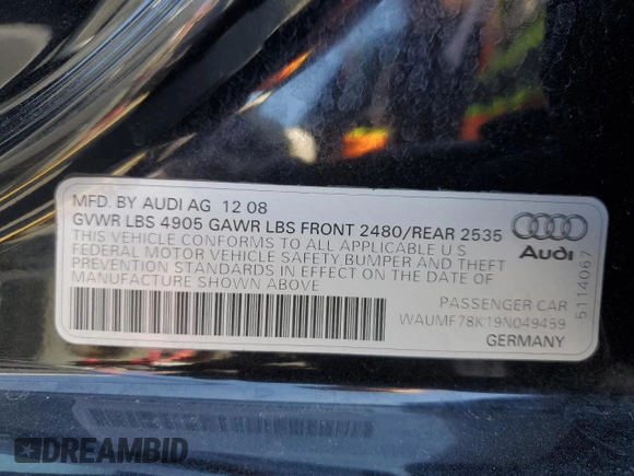 2009 Audi A4 Prestige with VIN WAUMF78K19N049459, listed as a Copart auction lot 59521095 with 205,284 mi miles and Salvage title. Bid and sale history available at DreamBid. Image 12.