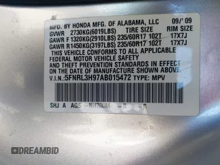 2010 Honda Odyssey Touring with VIN 5FNRL3H97AB015472, listed as a IAAI auction lot 41763680 with 144,309 mi miles. Bid and sale history available at carsss.com. Image 9.