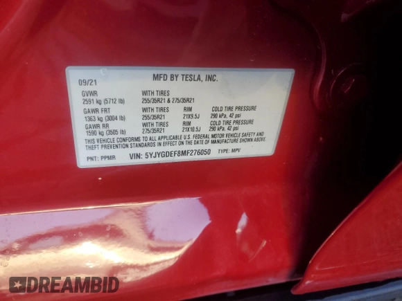 2021 Tesla Model Y Performance z VIN 5YJYGDEF8MF276050, wystawiony jako Copart lot #49314585 z przebiegiem 35 479 mil mil oraz Szkoda całkowita • Salvage title. Historia ofert i sprzedaży dostępna na DreamBid. Obrazek 14.