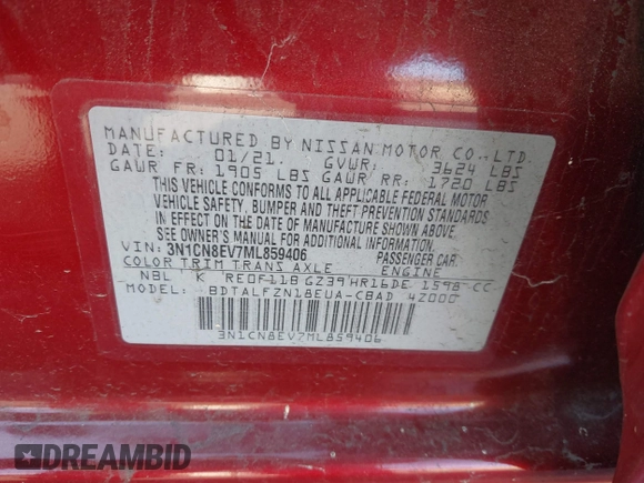 2021 Nissan Versa SV with VIN 3N1CN8EV7ML859406, listed as a IAAI auction lot 41697083 with 25,092 mi miles. Bid and sale history available at carsss.com. Image 9.