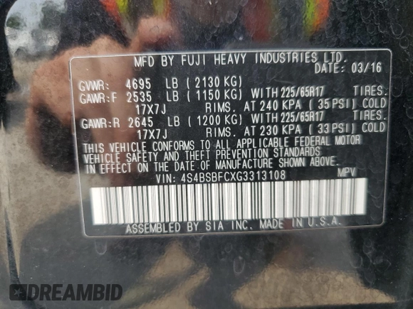 2016 Subaru Outback Premium with VIN 4S4BSBFCXG3313108, listed as a Copart auction lot 60473205 with 166,639 mi miles and Salvage title. Bid and sale history available at DreamBid. Image 12.