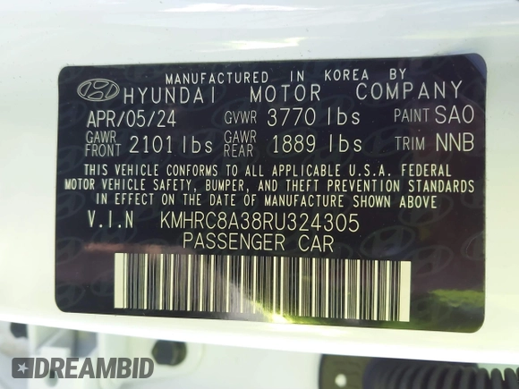 2024 Hyundai Venue SEL with VIN KMHRC8A38RU324305, listed as a IAAI auction lot 41645452 with 11,629 mi miles and . Bid and sale history available at DreamBid. Image 9.