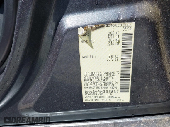 2014 Nissan Altima S with VIN 1N4AL3AP7EN355837, listed as a IAAI auction lot 42102259 with 290,639 mi miles and . Bid and sale history available at carsss.com. Image 9.
