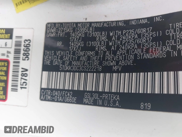 2012 Toyota Sienna LE AAS с VIN 5TDKK3DC3CS222218, выставлен на аукционе IAAI как лот 41535304 с пробегом 219 772 миль миль и . История ставок и продаж доступна на DreamBid. Изображение 9.
