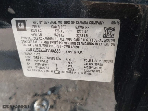 2016 Chevrolet Equinox LS with VIN 2GNALBEK3G1184566, listed as a IAAI auction lot 41790277 with 100,602 mi miles. Bid and sale history available at carsss.com. Image 9.