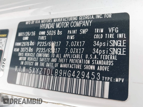 2017 Hyundai Santa Fe 2.4L with VIN 5XYZTDLB9HG429453, listed as a IAAI auction lot 42602067 with 114,295 mi miles and . Bid and sale history available at DreamBid. Image 9.
