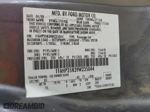 2009 Ford Focus SE with VIN 1FAHP35N39W235044, listed as a Copart auction lot 52953995 with 233,367 mi miles and Salvage Title. Bid and sale history available at carsss.com. Image 14.