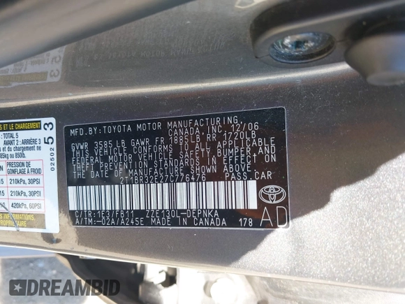 2007 Toyota Corolla CE with VIN 2T1BR32E27C776476, listed as a IAAI auction lot 42050288 with 185,076 mi miles and . Bid and sale history available at DreamBid. Image 9.