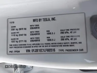 2020 Tesla Model 3 Performance with VIN 5YJ3E1EC1LF602516, listed as a IAAI auction lot 41841216 with 28,967 mi miles and . Bid and sale history available at DreamBid. Image 9.