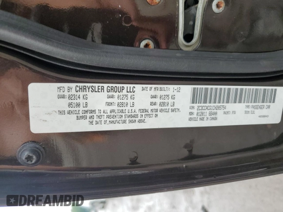 2012 Chrysler 300 Limited with VIN 2C3CCACG1CH205754, listed as a Copart auction lot 60832815 with 119,376 mi miles and Salvage title. Bid and sale history available at DreamBid. Image 12.