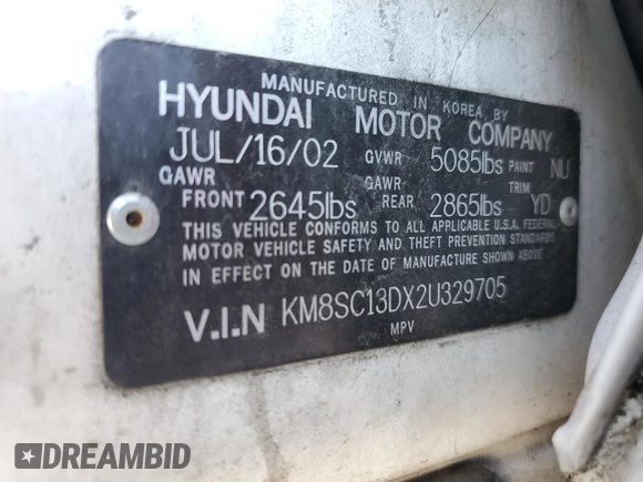 2002 Hyundai Santa Fe GLS with VIN KM8SC13DX2U329705, listed as a Copart auction lot 48986355 with 118,502 mi miles and Salvage Title. Bid and sale history available at carsss.com. Image 13.