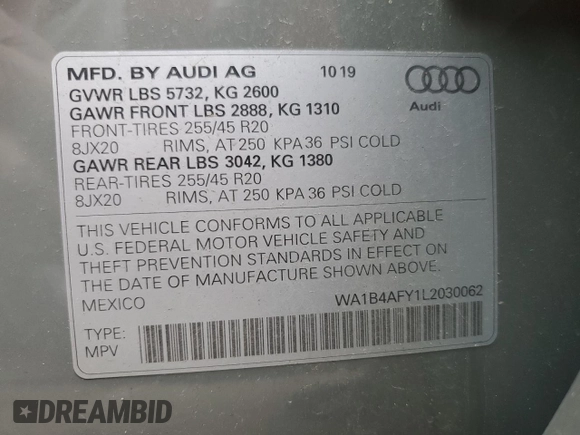 2020 Audi SQ5 Premium Plus with VIN WA1B4AFY1L2030062, listed as a Copart auction lot 49366574 with 48,223 mi miles and . Bid and sale history available at DreamBid. Image 13.