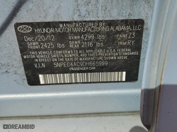 2013 Hyundai Sonata SE with VIN 5NPEC4AC9DH665999, listed as a Copart auction lot 47534415 with 188,647 mi miles and Salvage Title. Bid and sale history available at carsss.com. Image 13.