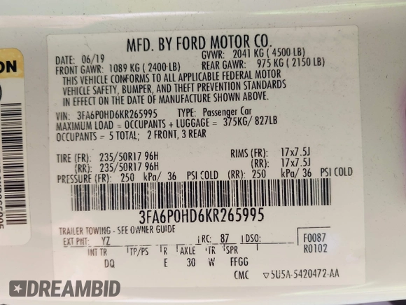2019 Ford Fusion SE with VIN 3FA6P0HD6KR265995, listed as a IAAI auction lot 42097079 with 112,713 mi miles. Bid and sale history available at carsss.com. Image 9.