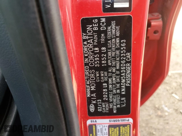 2013 Kia Rio LX with VIN KNADM5A36D6235563, listed as a Copart auction lot 52642405 with 126,034 mi miles and Salvage Title. Bid and sale history available at DreamBid. Image 12.