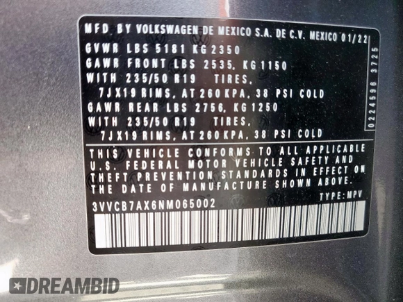 2022 Volkswagen Tiguan SE R-Line Black with VIN 3VVCB7AX6NM065002, listed as a Copart auction lot 50376425 with 30,408 mi miles and Salvage Title. Bid and sale history available at DreamBid. Image 15.
