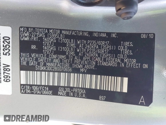 2011 Toyota Sienna LE AAS with VIN 5TDKK3DC2BS070656, listed as a IAAI auction lot 41034261 with 259,239 mi miles. Bid and sale history available at carsss.com. Image 9.