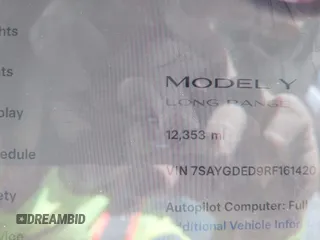 2024 Tesla Model Y with VIN 7SAYGDED9RF161420, listed as a IAAI auction lot 41892788 with 12,353 mi miles and . Bid and sale history available at DreamBid. Image 15.