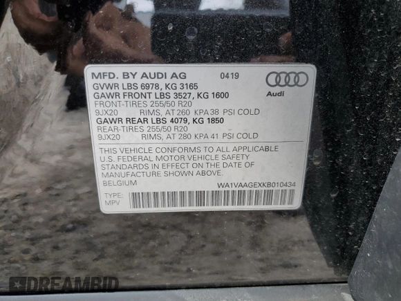 2019 Audi e-tron Prestige with VIN WA1VAAGEXKB010434, listed as a Copart auction lot 57765595 with 94,114 mi miles and Salvage title. Bid and sale history available at DreamBid. Image 14.