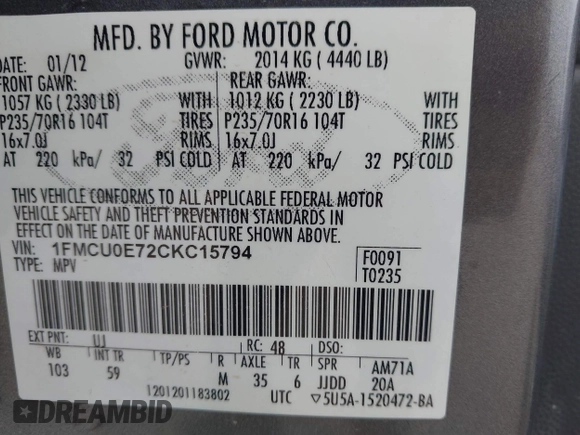2012 Ford Escape Limited with VIN 1FMCU0E72CKC15794, listed as a IAAI auction lot 41955320 with 175,943 mi miles. Bid and sale history available at carsss.com. Image 9.
