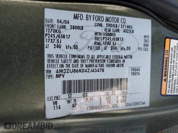 2004 Mercury Mountaineer Convenience z VIN 4M2ZU86K04ZJ43478, wystawiony jako Copart lot #42244735 z przebiegiem 190 892 mil mil oraz Szkoda całkowita • Salvage title. Historia ofert i sprzedaży dostępna na DreamBid. Obrazek 13.