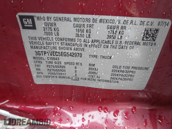 2014 GMC Sierra 1500 SLT with VIN 3GTP1VEC5EG542970, listed as a IAAI auction lot 41551962 with 165,740 mi miles and . Bid and sale history available at DreamBid. Image 9.