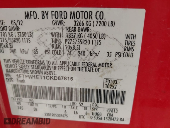2012 Ford F-150 XL с VIN 1FTFW1ET1CKD87815, выставлен на аукционе IAAI как лот 42466234 с пробегом 230 395 миль миль и . История ставок и продаж доступна на DreamBid. Изображение 9.