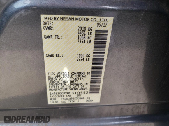 2017 Nissan LEAF SL with VIN 1N4BZ0CPXHC310552, listed as a Copart auction lot 45994683 with 45,270 mi miles. Bid and sale history available at carsss.com. Image 13.