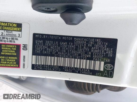 2014 Toyota Corolla L with VIN 2T1BURHE9EC187723, listed as a IAAI auction lot 41623837 with 176,750 mi miles and . Bid and sale history available at DreamBid. Image 9.