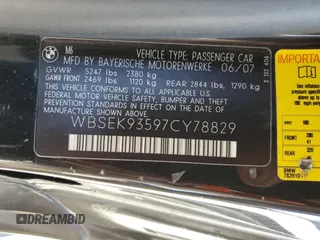 2007 BMW 6 Series M6 with VIN WBSEK93597CY78829, listed as a Copart auction lot 76952864 with 76,175 mi miles and Clean Title. Bid and sale history available at carsss.com. Image 12.