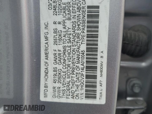 2020 Honda Accord with VIN 1HGCV3F14LA010045, listed as a Copart auction lot 50353075 with 70,779 mi miles and Salvage Title. Bid and sale history available at DreamBid. Image 13.