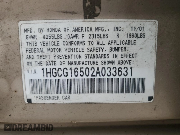 2002 Honda Accord EX z VIN 1HGCG16502A033631, wystawiony jako Copart lot #58020235 z przebiegiem 165 301 mil mil oraz Szkoda całkowita • Salvage title. Historia ofert i sprzedaży dostępna na DreamBid. Obrazek 13.