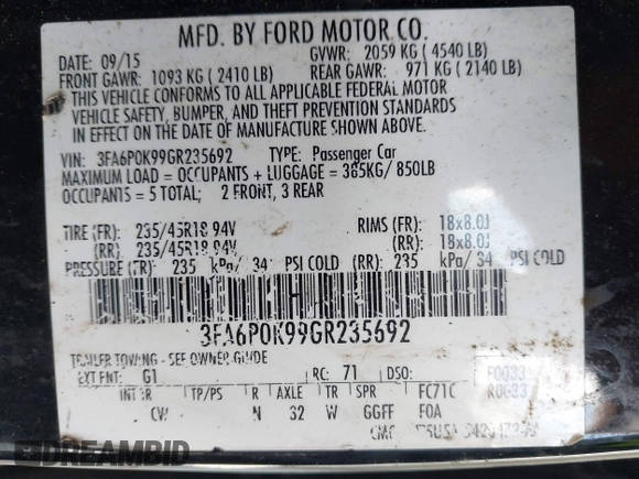 2016 Ford Fusion Titanium with VIN 3FA6P0K99GR235692, listed as a IAAI auction lot 42587743 with 169,467 mi miles and . Bid and sale history available at DreamBid. Image 9.