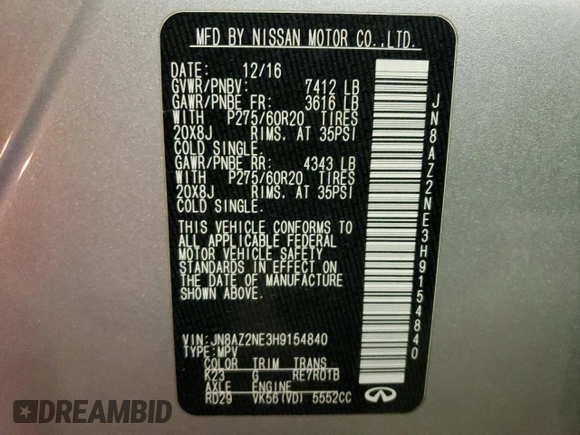 2017 Infiniti QX80 with VIN JN8AZ2NE3H9154840, listed as a Copart auction lot 37510004 with 0 mi miles. Bid and sale history available at carsss.com. Image 15.