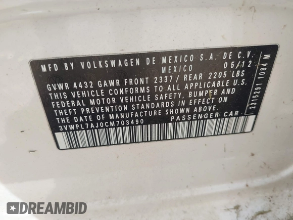 2012 Volkswagen Jetta TDI w/Sunroof & Nav with VIN 3VWPL7AJ0CM703490, listed as a IAAI auction lot 42492781 with 151,988 mi miles and . Bid and sale history available at DreamBid. Image 9.