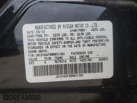 2011 Infiniti G25 с VIN JN1DV6AP9BM601360, выставлен на аукционе Copart как лот 56947135 с пробегом 126 764 миль миль и Списание • Salvage title. История ставок и продаж доступна на DreamBid. Изображение 12.