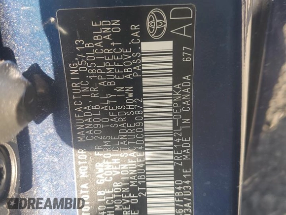 2013 Toyota Corolla L with VIN 2T1BU4EE4DC090872, listed as a Copart auction lot 56347495 with 102,455 mi miles and Salvage Title. Bid and sale history available at DreamBid. Image 12.