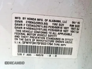 2015 Honda Pilot EX-L с VIN 5FNYF3H70FB031764, выставлен на аукционе Copart как лот 57715185 с пробегом 146 619 миль миль и Списание • Salvage title. История ставок и продаж доступна на DreamBid. Изображение 13.