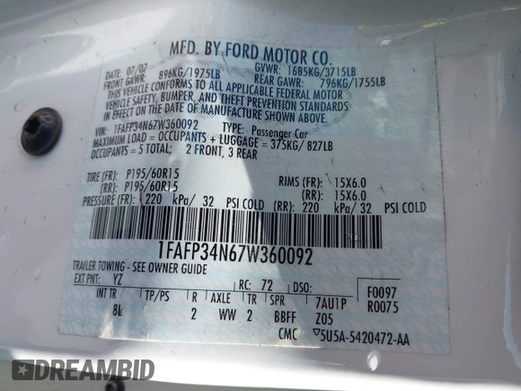 2007 Ford Focus S with VIN 1FAFP34N67W360092, listed as a IAAI auction lot 42194821 with 64,278 mi miles and . Bid and sale history available at carsss.com. Image 9.