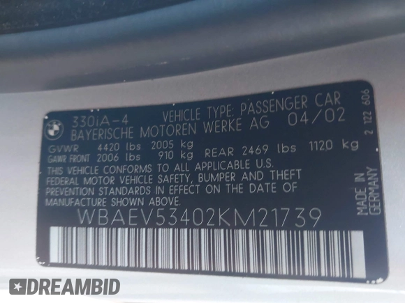 2002 BMW 3 Series 330i z VIN WBAEV53402KM21739, wystawiony jako IAAI lot #42170772 z przebiegiem 185 571 mil mil oraz . Historia ofert i sprzedaży dostępna na DreamBid. Obrazek 9.