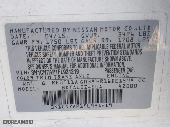 2015 Nissan Versa S Plus with VIN 3N1CN7AP1FL931219, listed as a IAAI auction lot 41654928 with 115,060 mi miles. Bid and sale history available at carsss.com. Image 9.