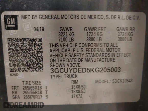 2019 Chevrolet Silverado 1500 LT with VIN 3GCUYDED5KG205003, listed as a IAAI auction lot 41382417 with 95,968 mi miles. Bid and sale history available at carsss.com. Image 9.