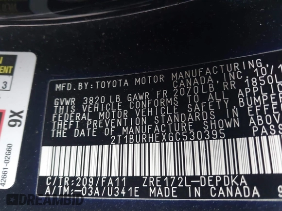 2016 Toyota Corolla L z VIN 2T1BURHEXGC530395, wystawiony jako IAAI lot #42245909 z przebiegiem 158 729 mil mil oraz . Historia ofert i sprzedaży dostępna na DreamBid. Obrazek 9.