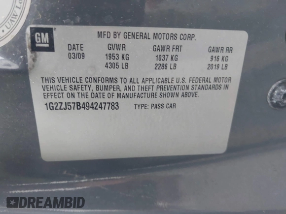 2009 Pontiac G6 1SB z VIN 1G2ZJ57B494247783, wystawiony jako IAAI lot #42309071 z przebiegiem 124 865 mil mil oraz . Historia ofert i sprzedaży dostępna na DreamBid. Obrazek 9.