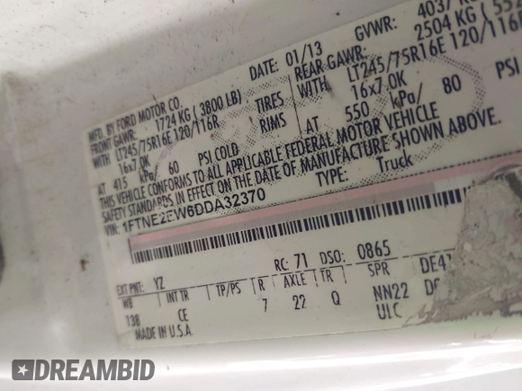 2013 Ford Econoline Cargo Commercial with VIN 1FTNE2EW6DDA32370, listed as a IAAI auction lot 42114088 with 227,201 mi miles and . Bid and sale history available at DreamBid. Image 9.