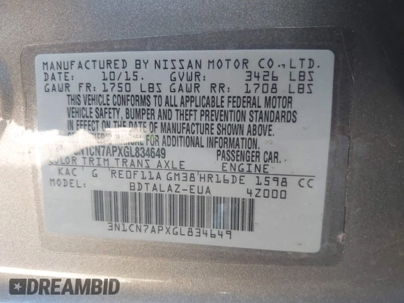 2016 Nissan Versa S Plus with VIN 3N1CN7APXGL834649, listed as a IAAI auction lot 42548427 with 108,557 mi miles and . Bid and sale history available at DreamBid. Image 9.