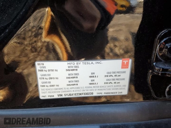 2019 Tesla Model S 75D with VIN 5YJSA1E23KF330239, listed as a Copart auction lot 86737544 with Not provided miles and Salvage title. Bid and sale history available at DreamBid. Image 14.