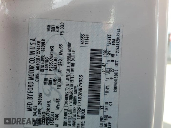 2003 Ford F-150 XL with VIN 1FTRF17L83NB79035, listed as a Copart auction lot 72051234 with Not Provided miles and Salvage Title. Bid and sale history available at DreamBid. Image 12.