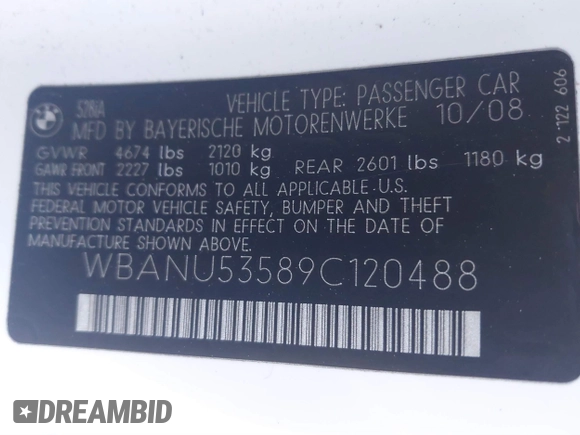 2009 BMW 5 Series 528i with VIN WBANU53589C120488, listed as a IAAI auction lot 41828723 with 178,159 mi miles and . Bid and sale history available at carsss.com. Image 9.